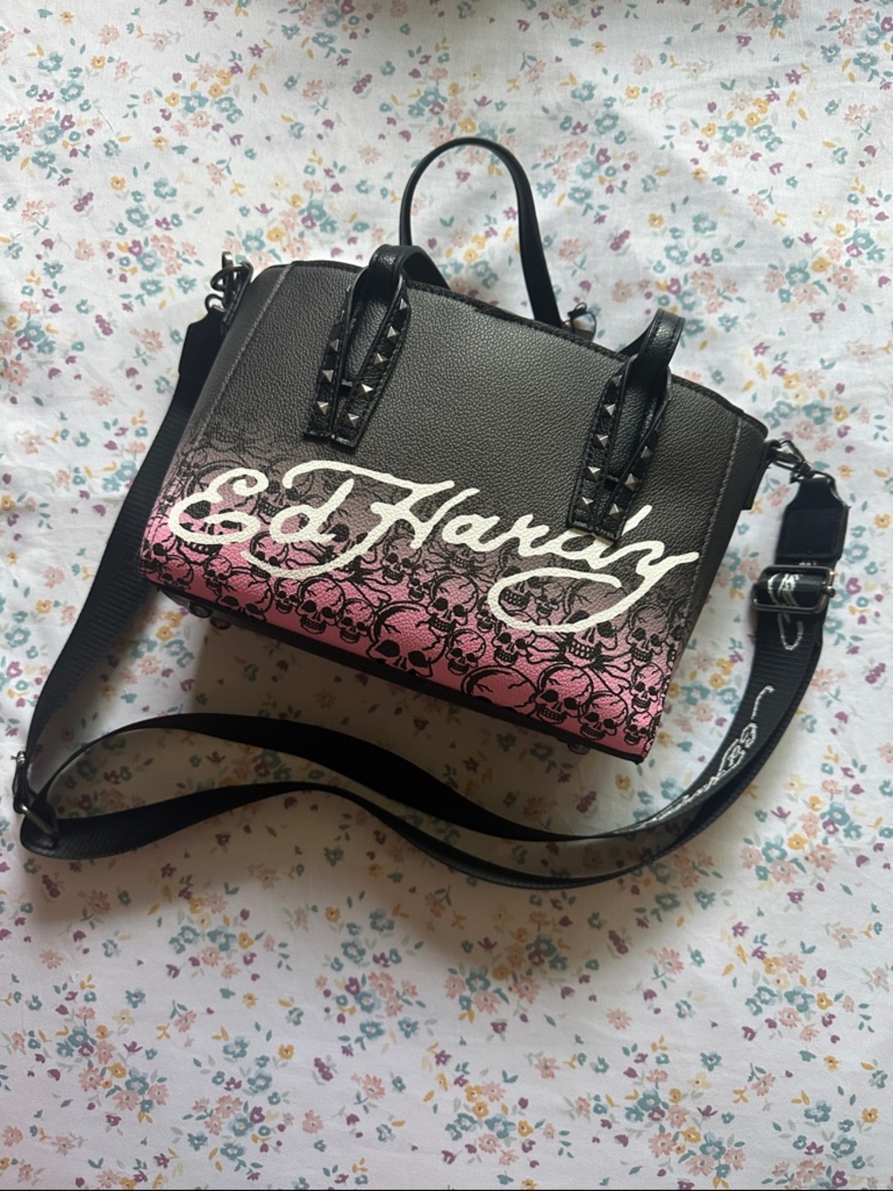 Ed Hardy Black & Pink Graphic Crossbody Tote with Stud Accents